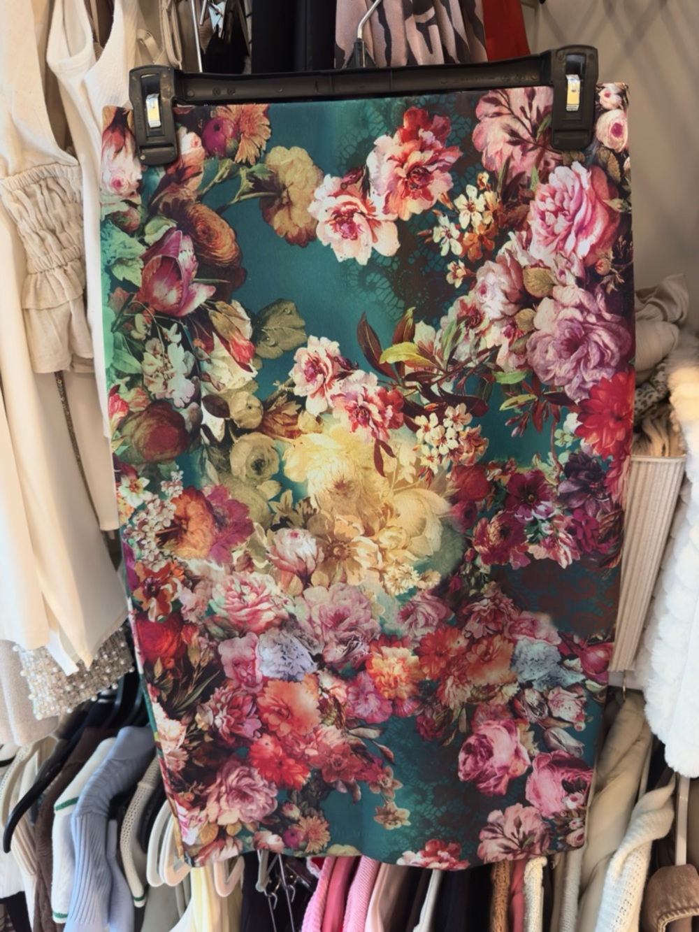 ECI Teal Floral Pencil Skirt with Multicolor Bloom